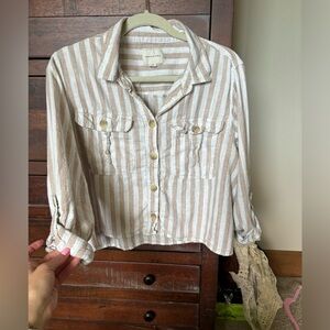 American Eagle Linen Cropped Striped Button Down - Size L - Cream/Tan Striped